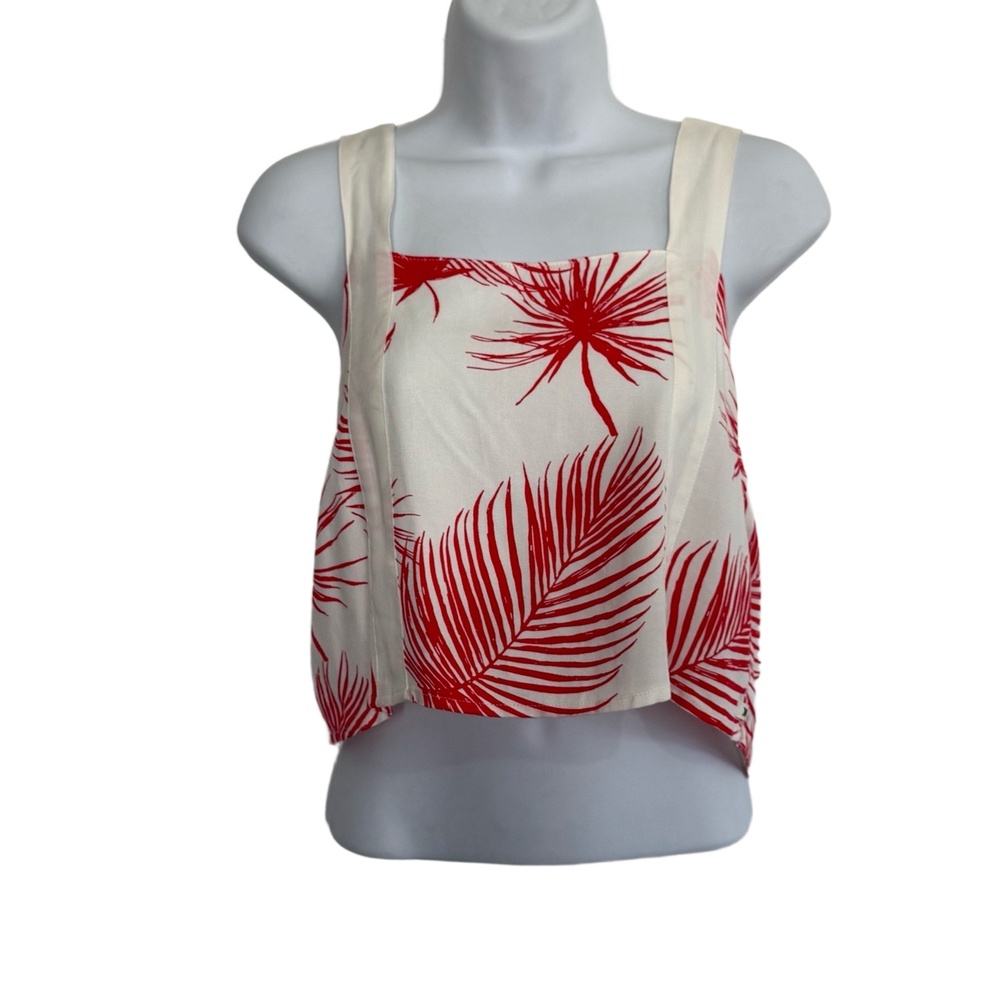 Hurley Cropped Top‎ White Red Leaf Print Square Neckline Sleeveless Soft Size S